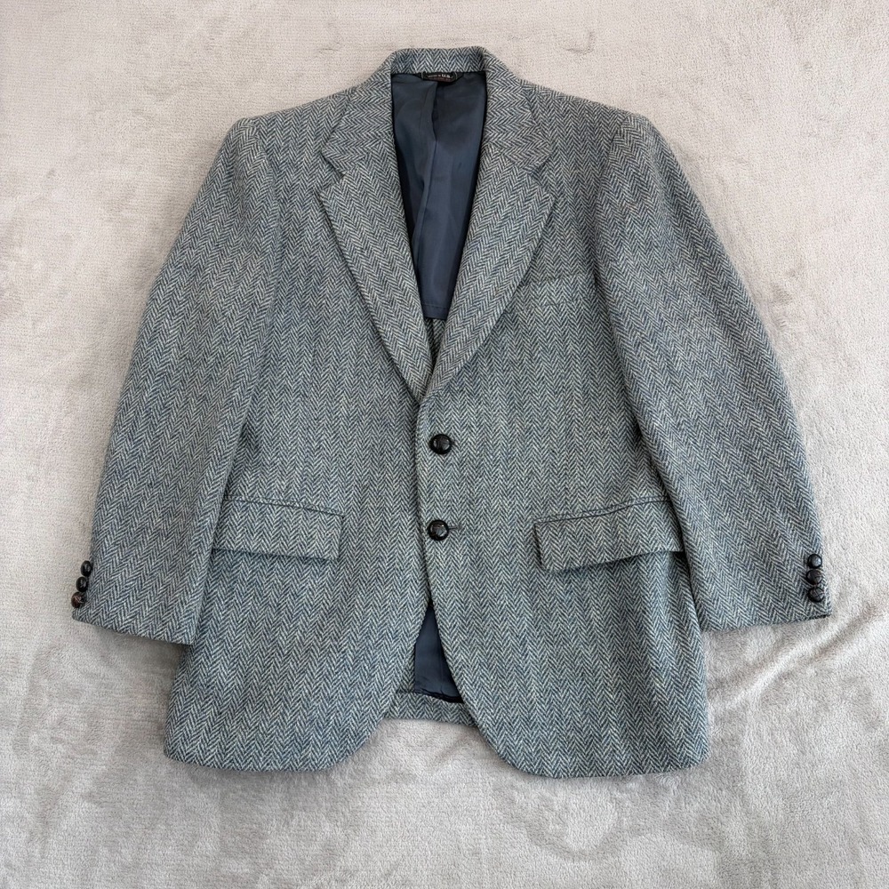 Vintage HARRIS TWEED Jacket Sport Coat Blazer 40 Grey Blue 100% Scottish Wool US